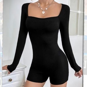 SHEIN Square Neck Ribbed Knit Unitard Romper